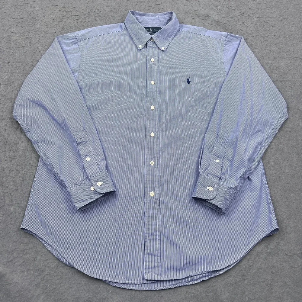 Ralph Lauren Dress Shirt‎ Men's 17.5 Blue Stripe Long Sleeve Pony Logo Button Up